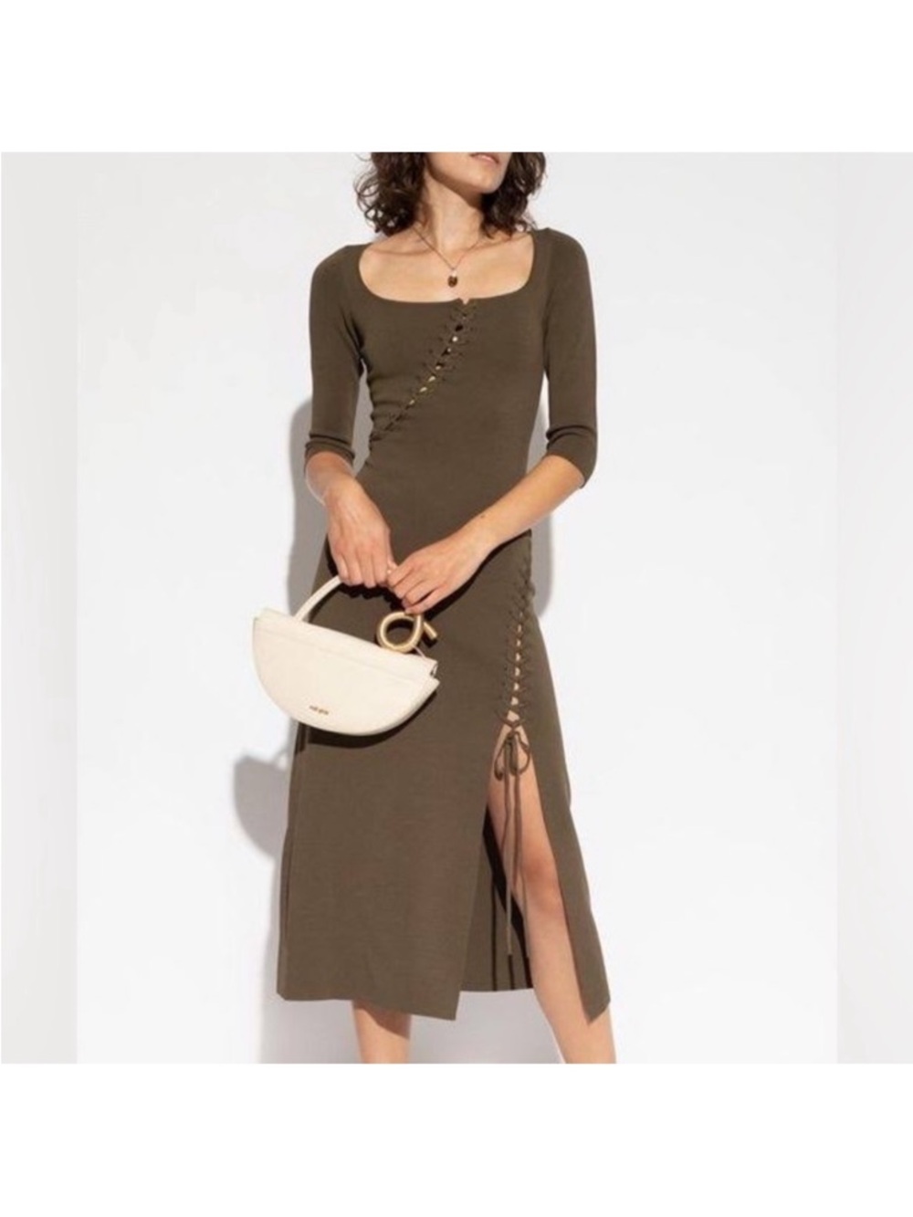 Olive Green Lace-Up Midi Dress with Scoop Neck cult Gaia